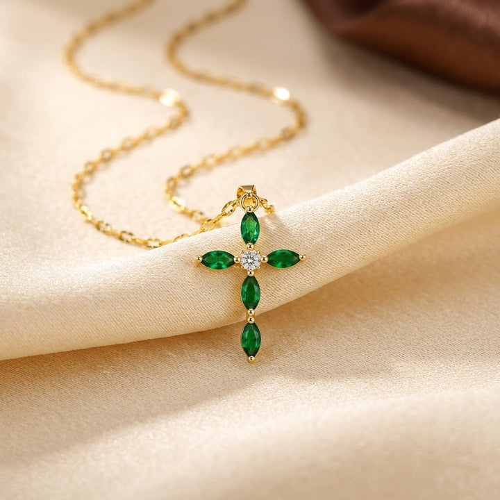 Emerald Marquise Gold Cross Pendant Necklace