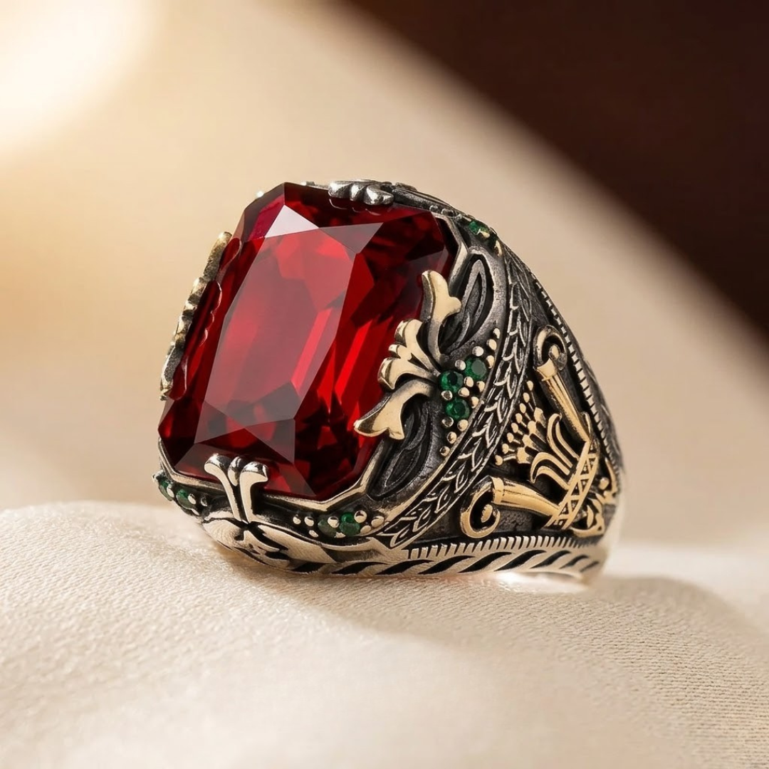 Ornate Silver Signet Ring with Ruby Detail
