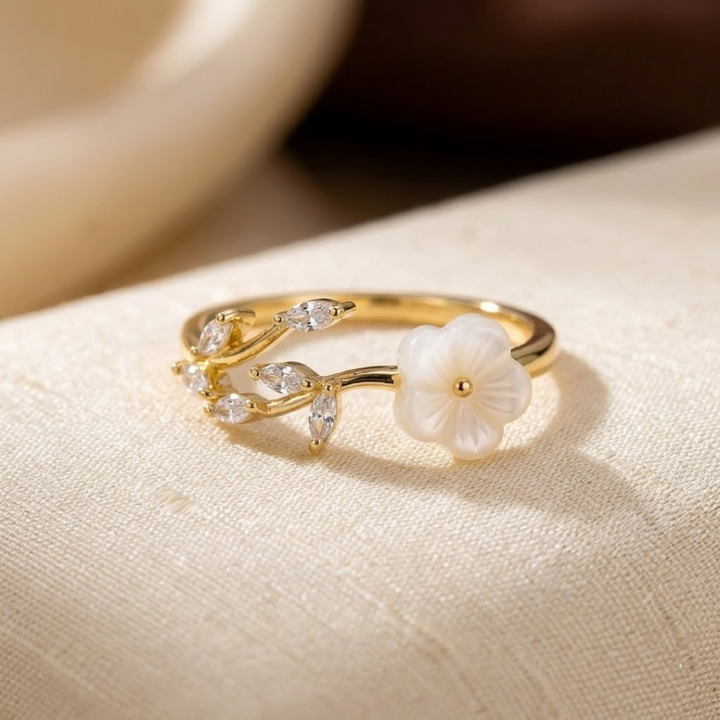 Gold Floral Open Ring with Leaf Design