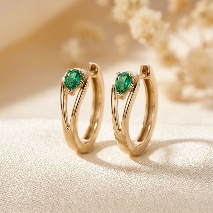 Emerald-Embellished Gold Hoop Earrings