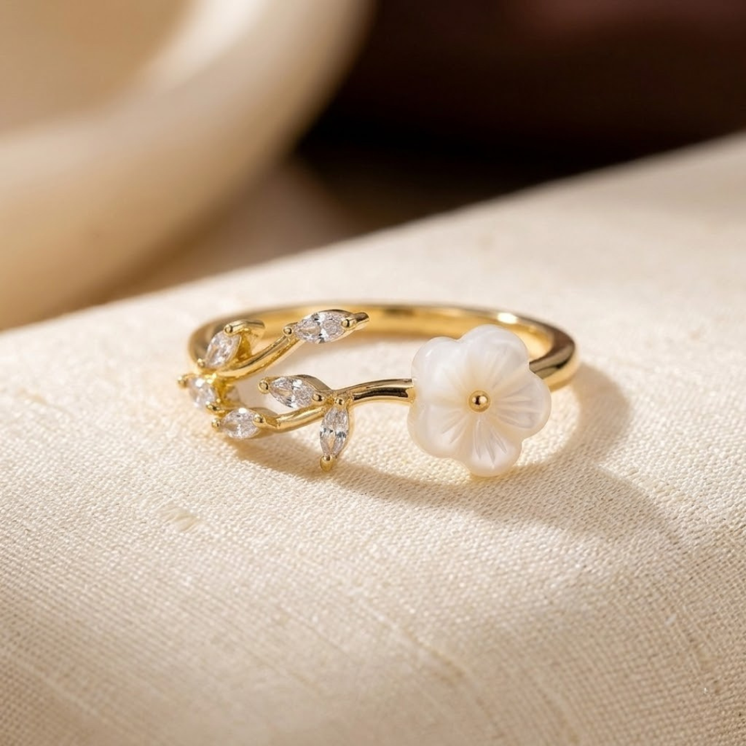 Gold Leaf-Designed Open Ring with Floral Accents