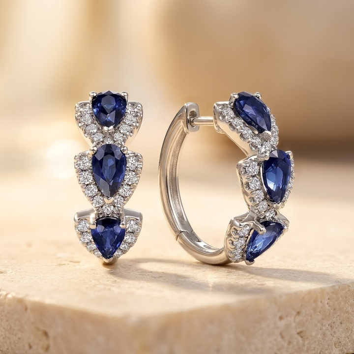 Sapphire-Studded Silver Hoop Earrings with Halo Design