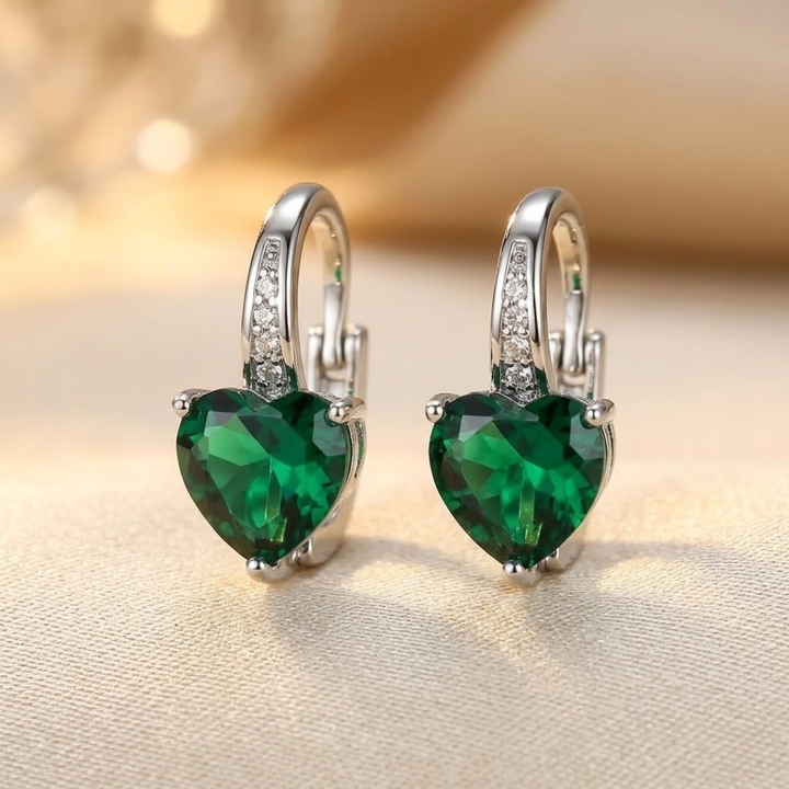 Emerald Heart Silver Hoop Earrings