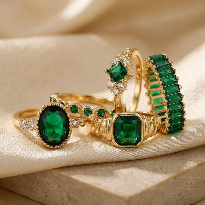 Emerald and Gold Jewelry Ring Collection