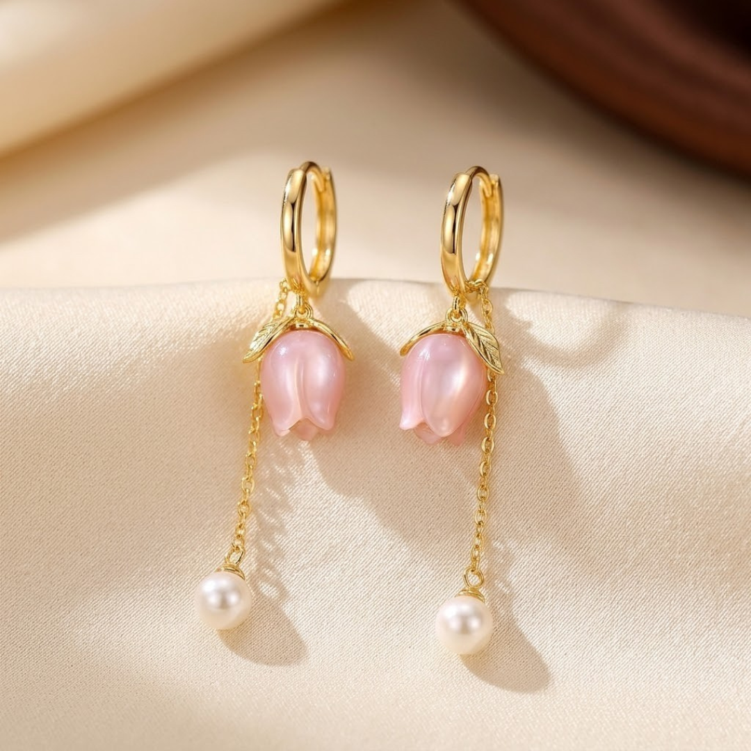 Gold Pearl Drop Earrings with Floral Design
