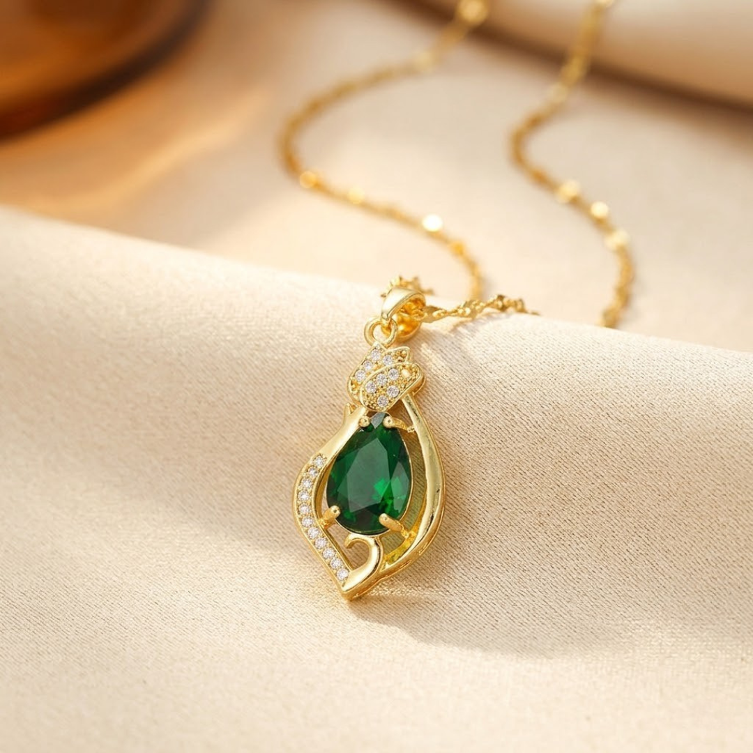 Gold Teardrop Pendant Necklace with Emerald Accent