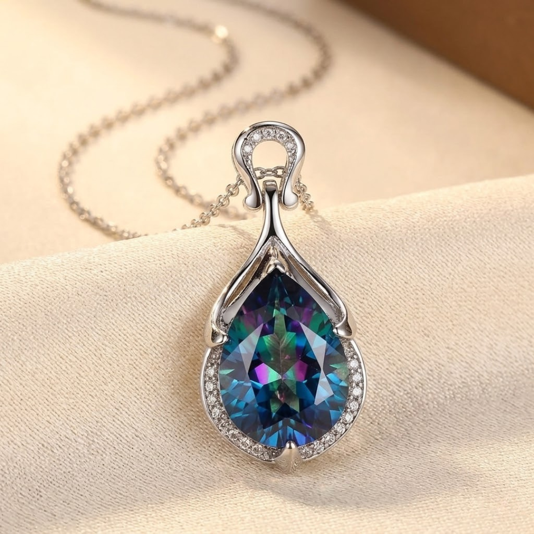 Sapphire-Studded Silver Teardrop Necklace