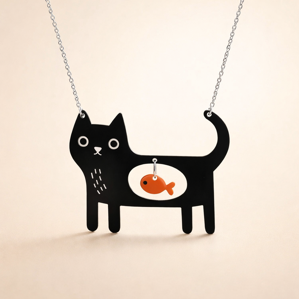 Ακρυλικό Κρεμαστό Κολιέ με Παιχνιδιάρικη Γάτα και Ψάρι