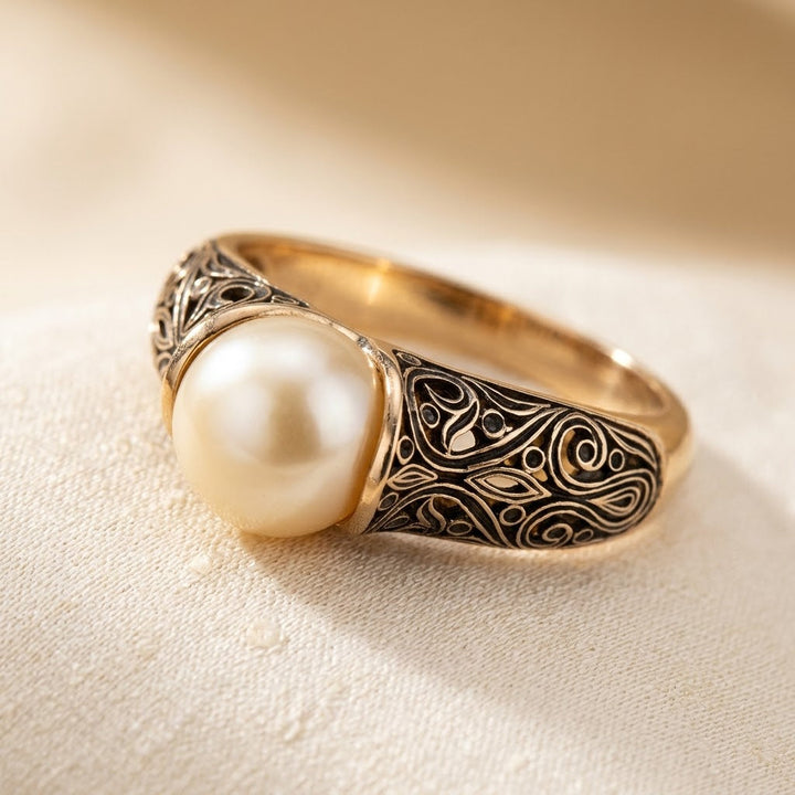 Gold Filigree Designed Pearl Ring