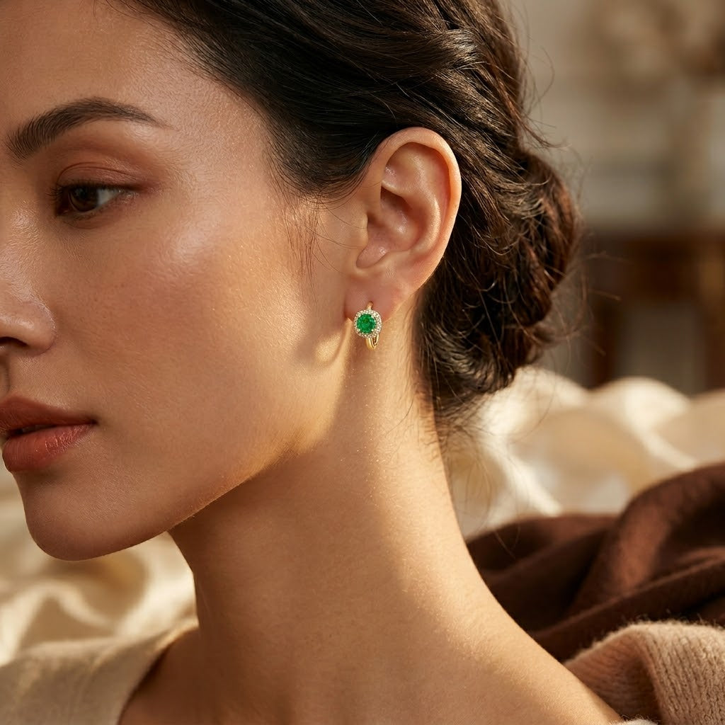 Emerald Halo Gold Hoop Earrings