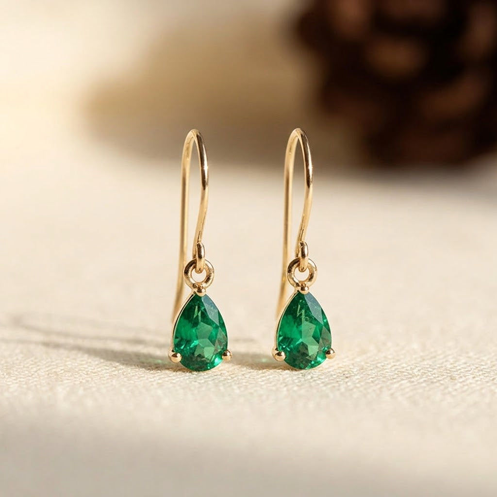 Emerald Teardrop Gold Drop Earrings