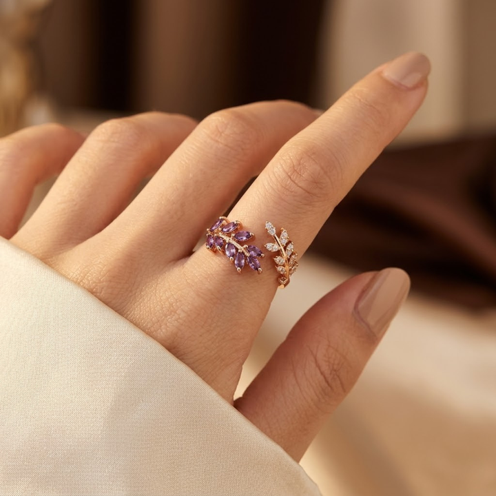 Gold Leaf Ring with Amethyst Stone