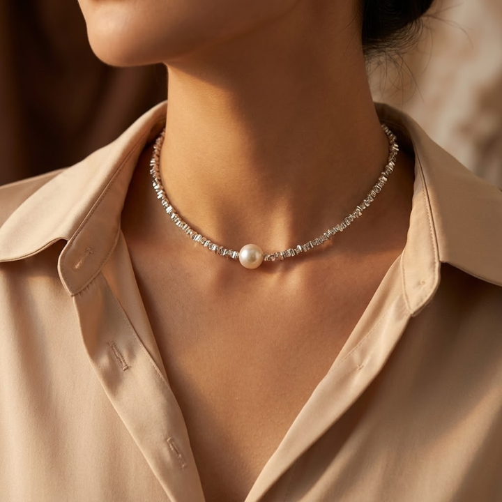 Sleek Silver Pearl Choker Necklace