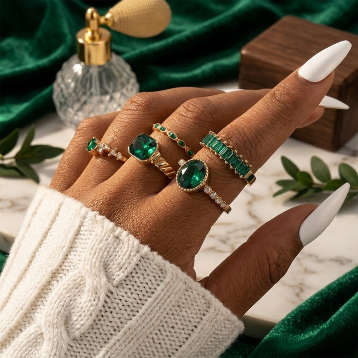 Emerald and Gold Jewelry Ring Collection