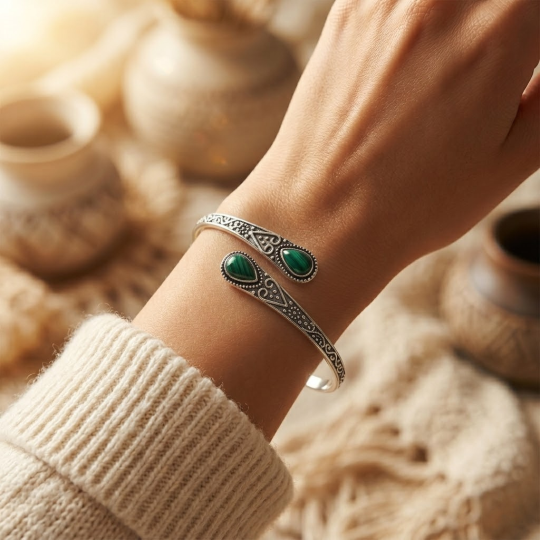 Antique Silver Emerald Bangle