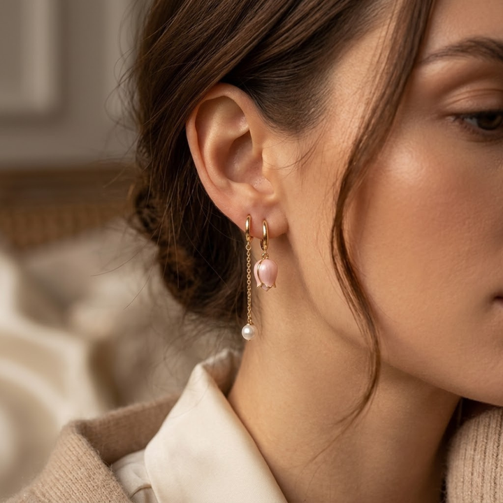 Elegant Pearl Drop Earrings with Gold Floral Design