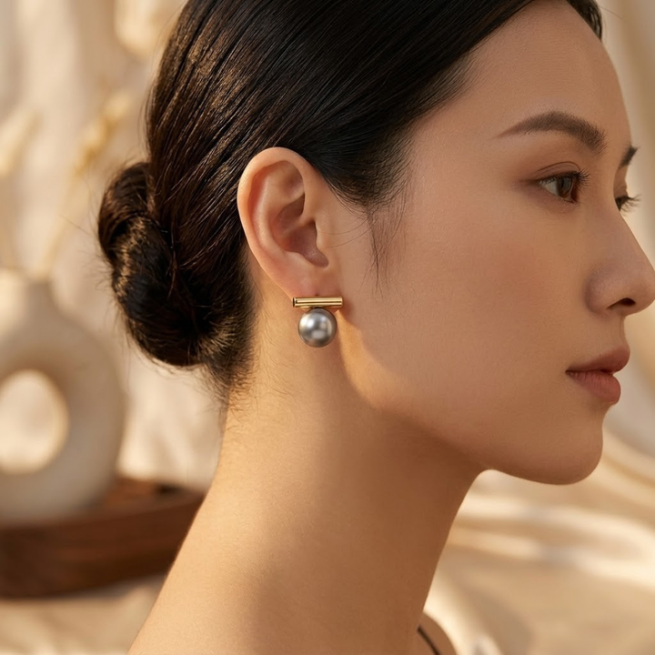 Golden Pearl Stud Earrings with Bar Design