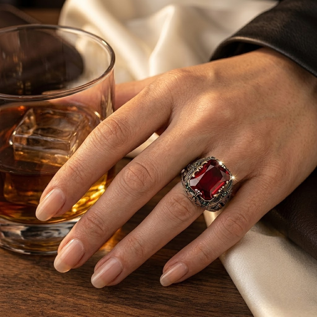 Ornate Silver Signet Ring with Ruby Detail