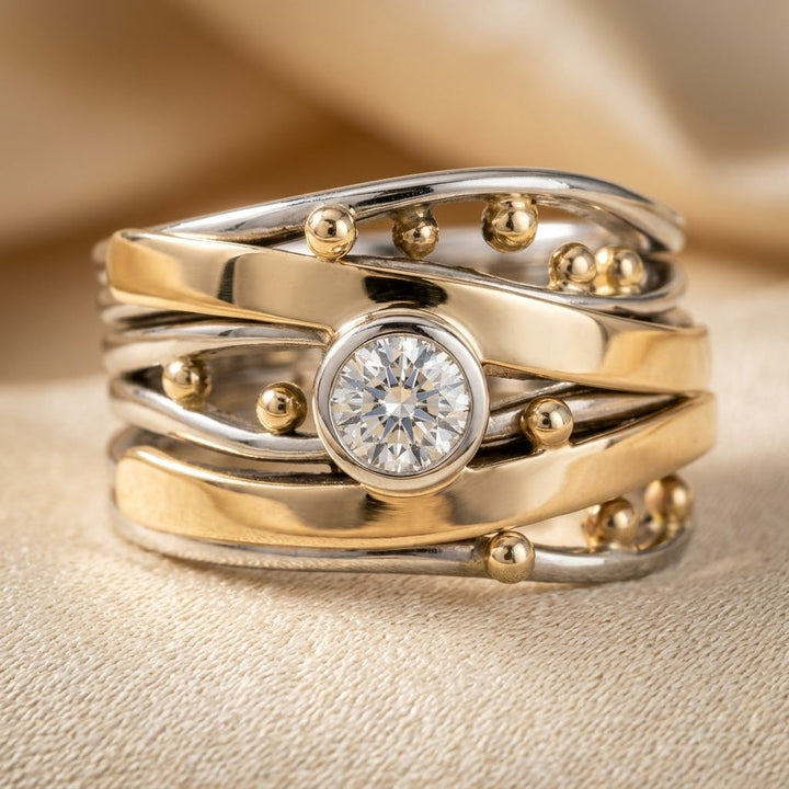 Gold and Silver Bezel-Set Crossover Ring