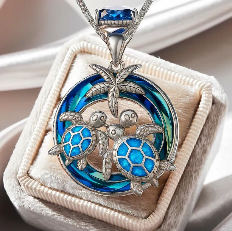 Round Opal Turtle Palm Pendant Necklace