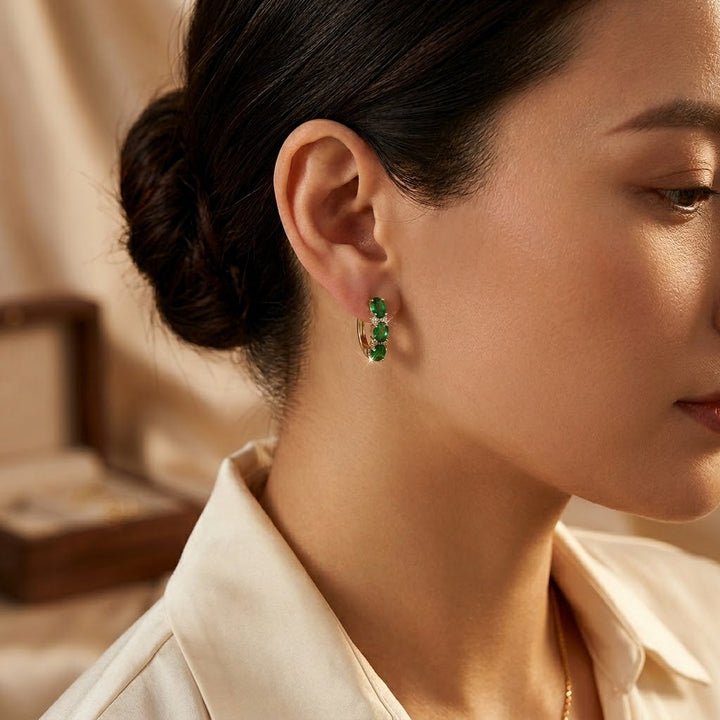 Emerald and Gold Vertical Hoop Ear Rings