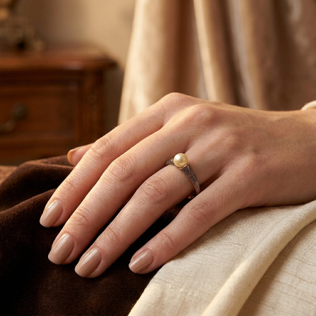 Gold Filigree Designed Pearl Ring
