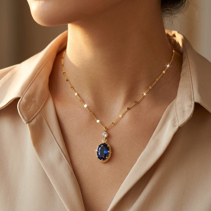 Sapphire Oval Drop Necklace in Gold