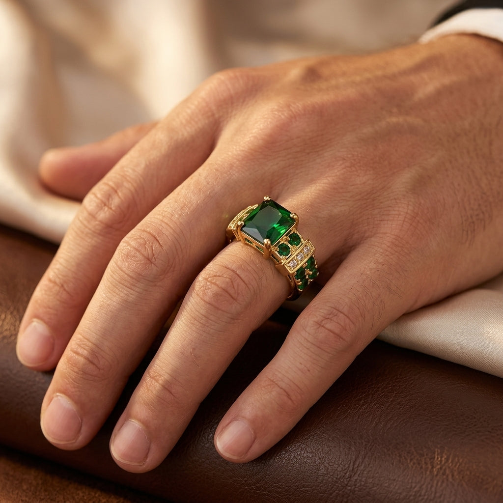 Gold and Emerald Geometric Ring