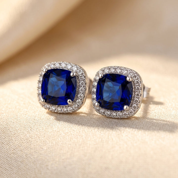 Sapphire Halo Silver Stud Earrings