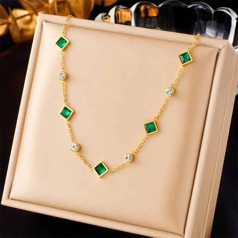 Emerald and Gold Geometric Station Necklace