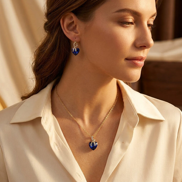 Sapphire Heart Pendant Necklace and Earring Set in Gold