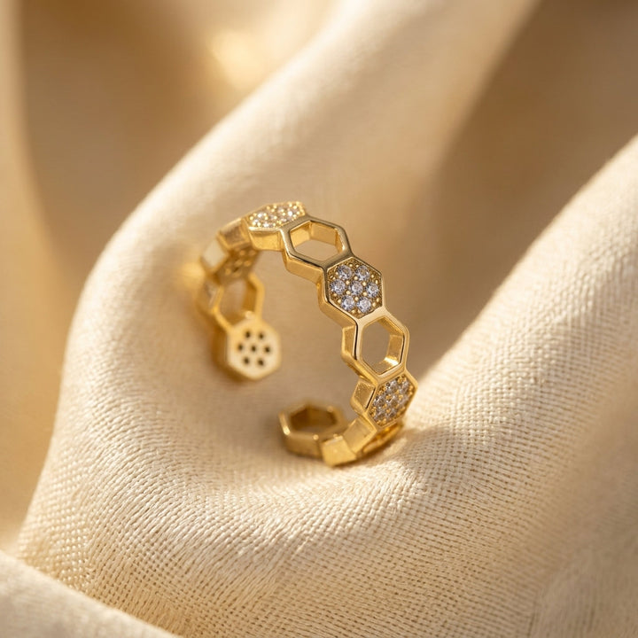 Gold Adjustable Open Ring Featuring Geometric Patterns
