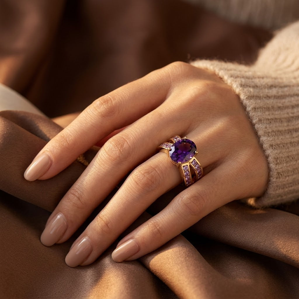 Gold and Amethyst Double Band Ring