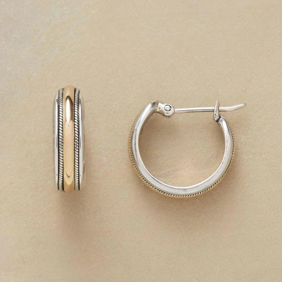 Retro Golden Accent Silver Hoop Earrings