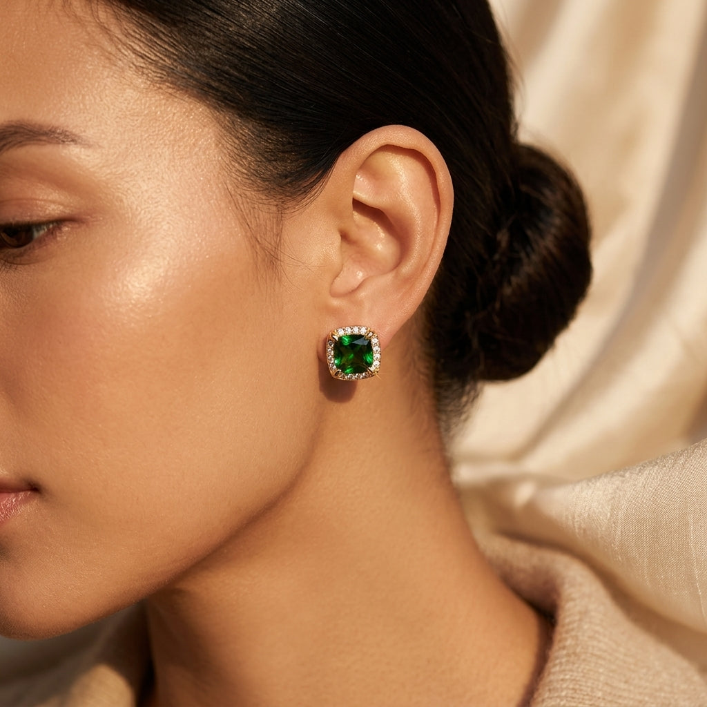 Emerald-Embellished Gold Stud Earrings