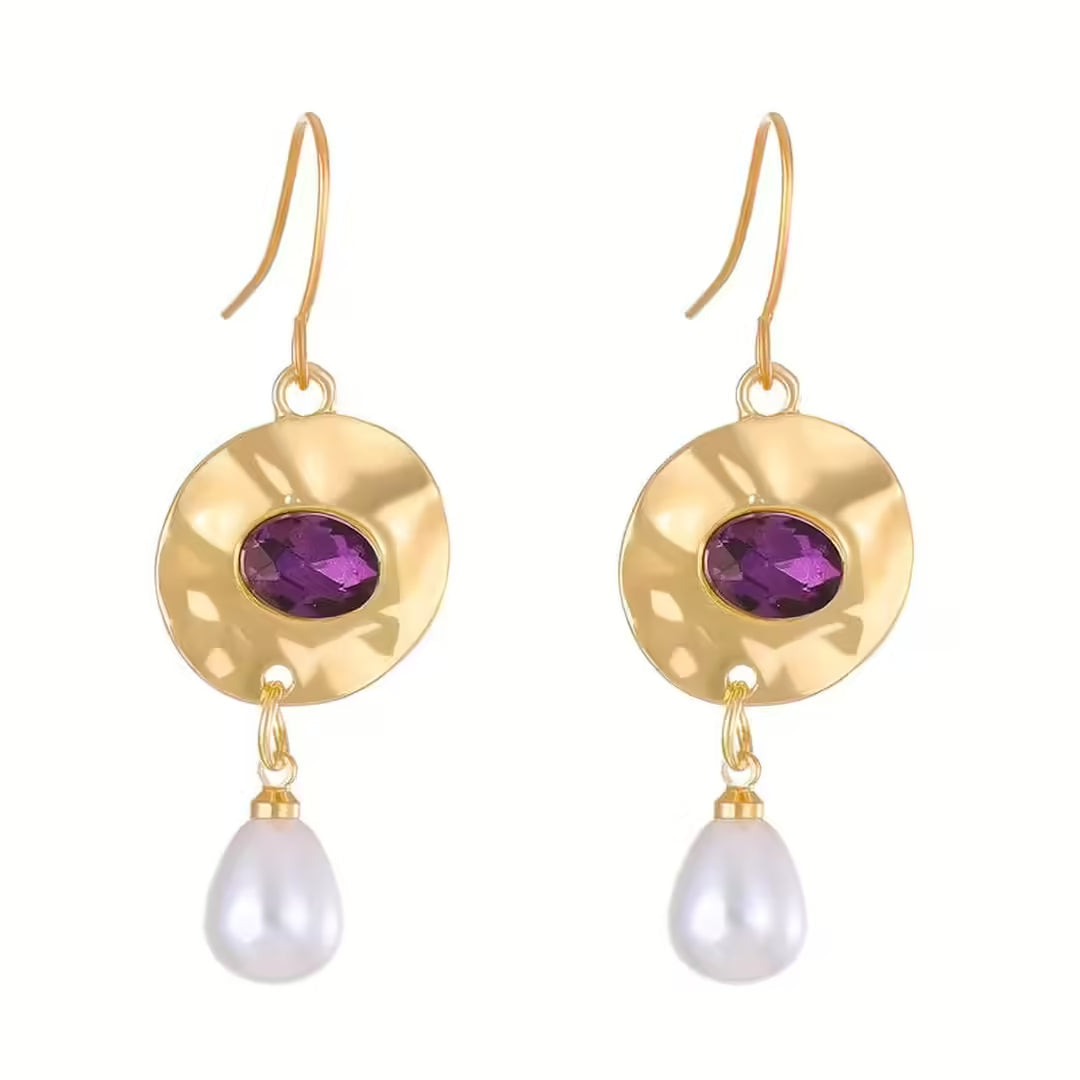 Pearl Earrings Adorned with Purple Zirconia Gems