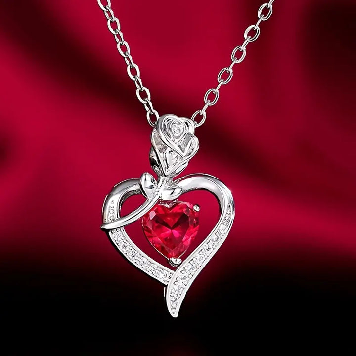 Silver Necklace with Ruby Heart Pendant