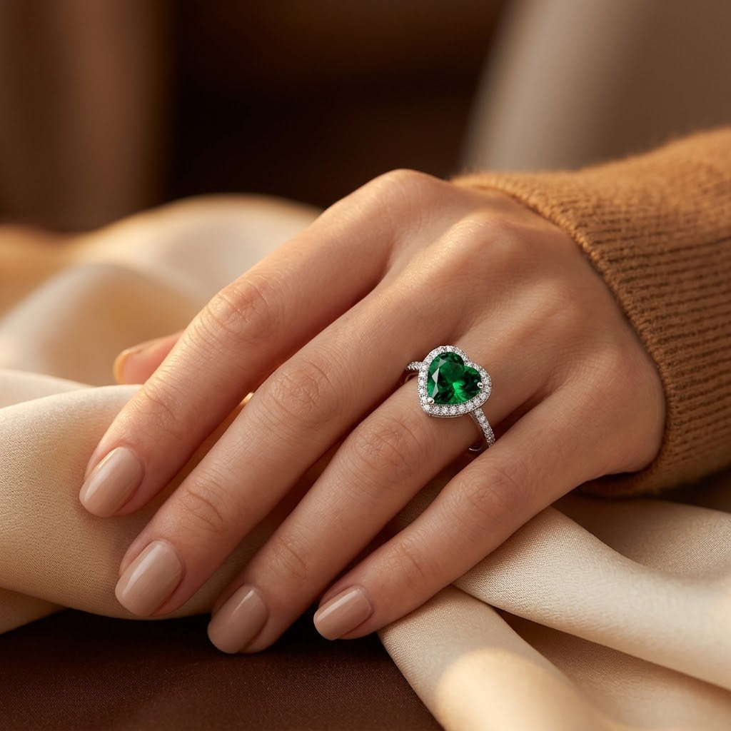 Emerald-Accented Silver Heart Halo Ring
