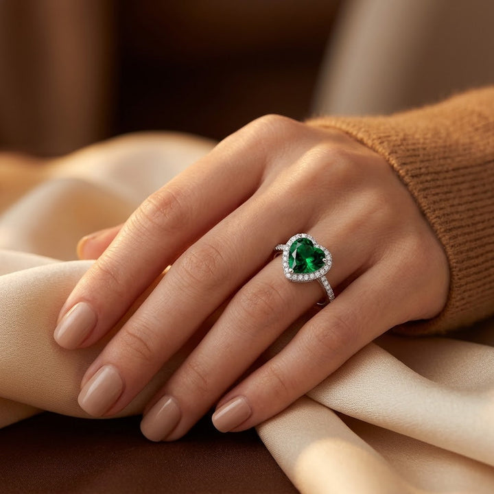 Emerald-Accent Silver Heart Halo Ring