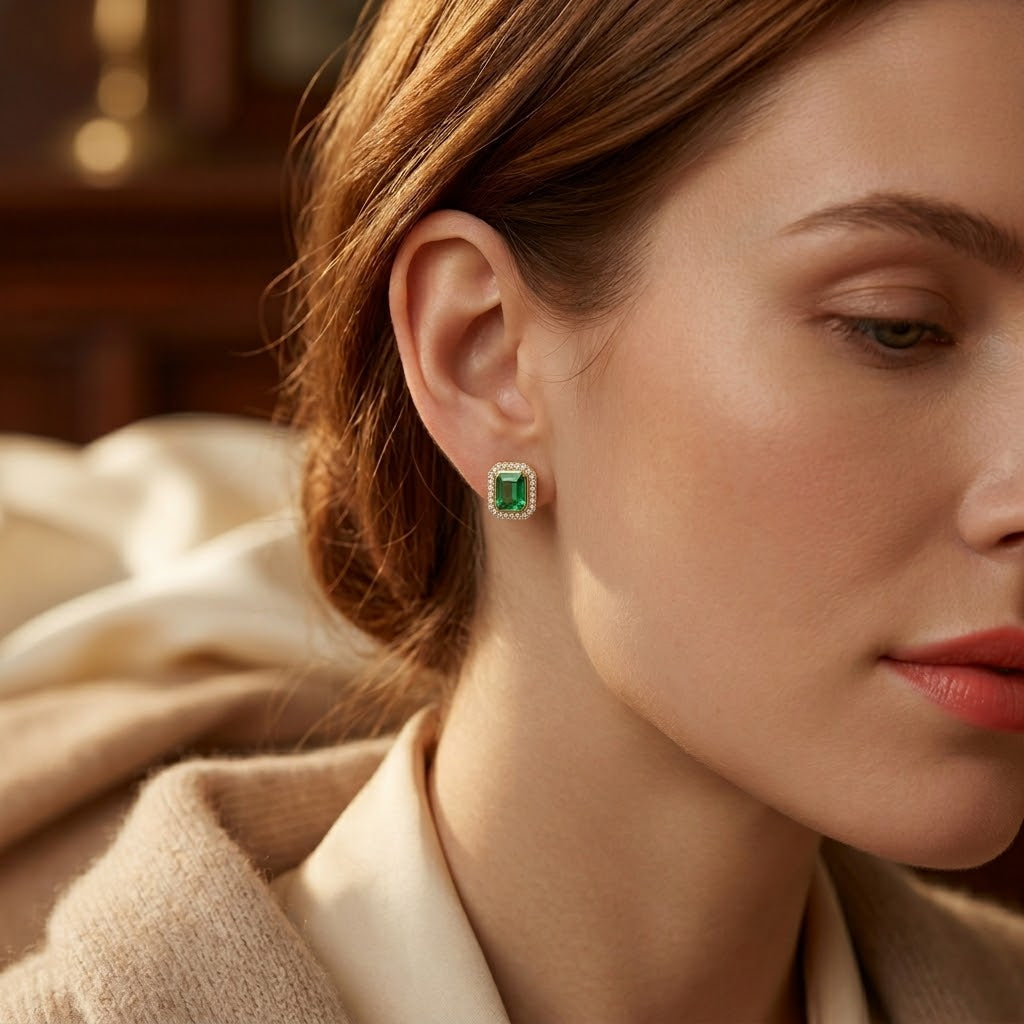 Emerald Square Halo Stud Earrings in Gold