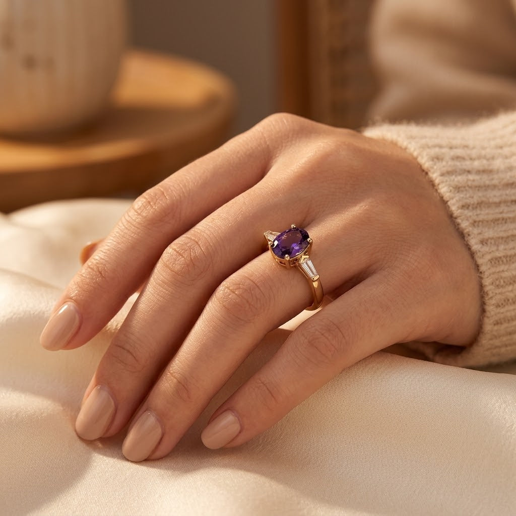 Amethyst Triple-Stone Gold Ring Band