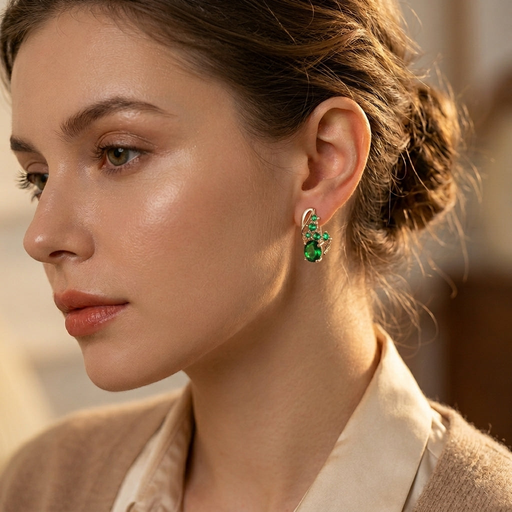 Emerald Cluster Drop Earrings with Gold Accents