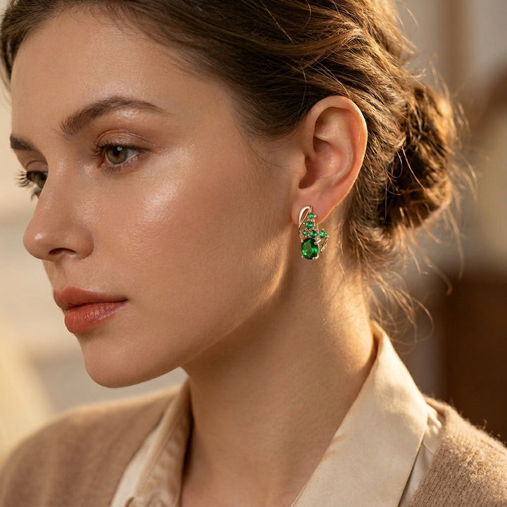 Gold-Accented Emerald Cluster Drop Earrings