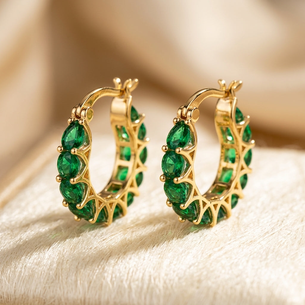 Emerald and Gold Woven Hoop Earrings