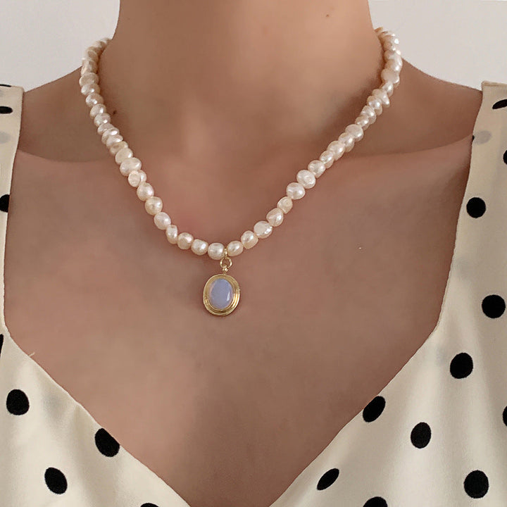 Lunar Gemstone Pendant Necklace Featuring Pearl Details