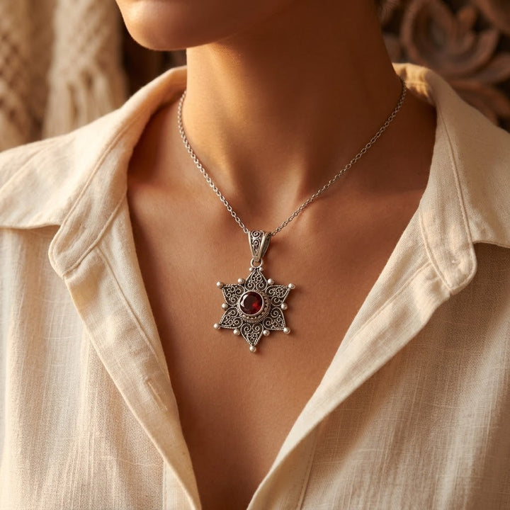 Ruby Star Pendant Necklace in Silver