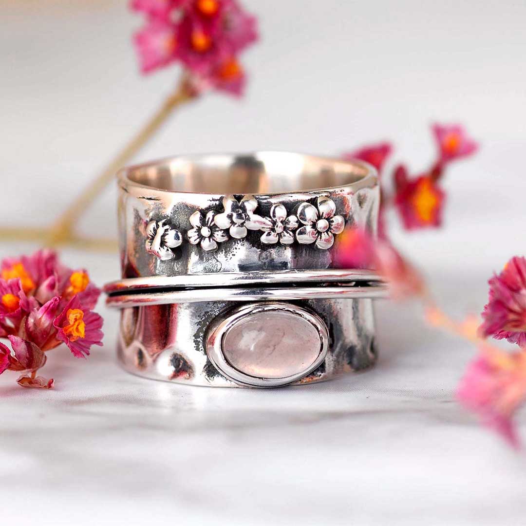 Δαχτυλίδι Ροζ Χαλαζία με Λουλούδια