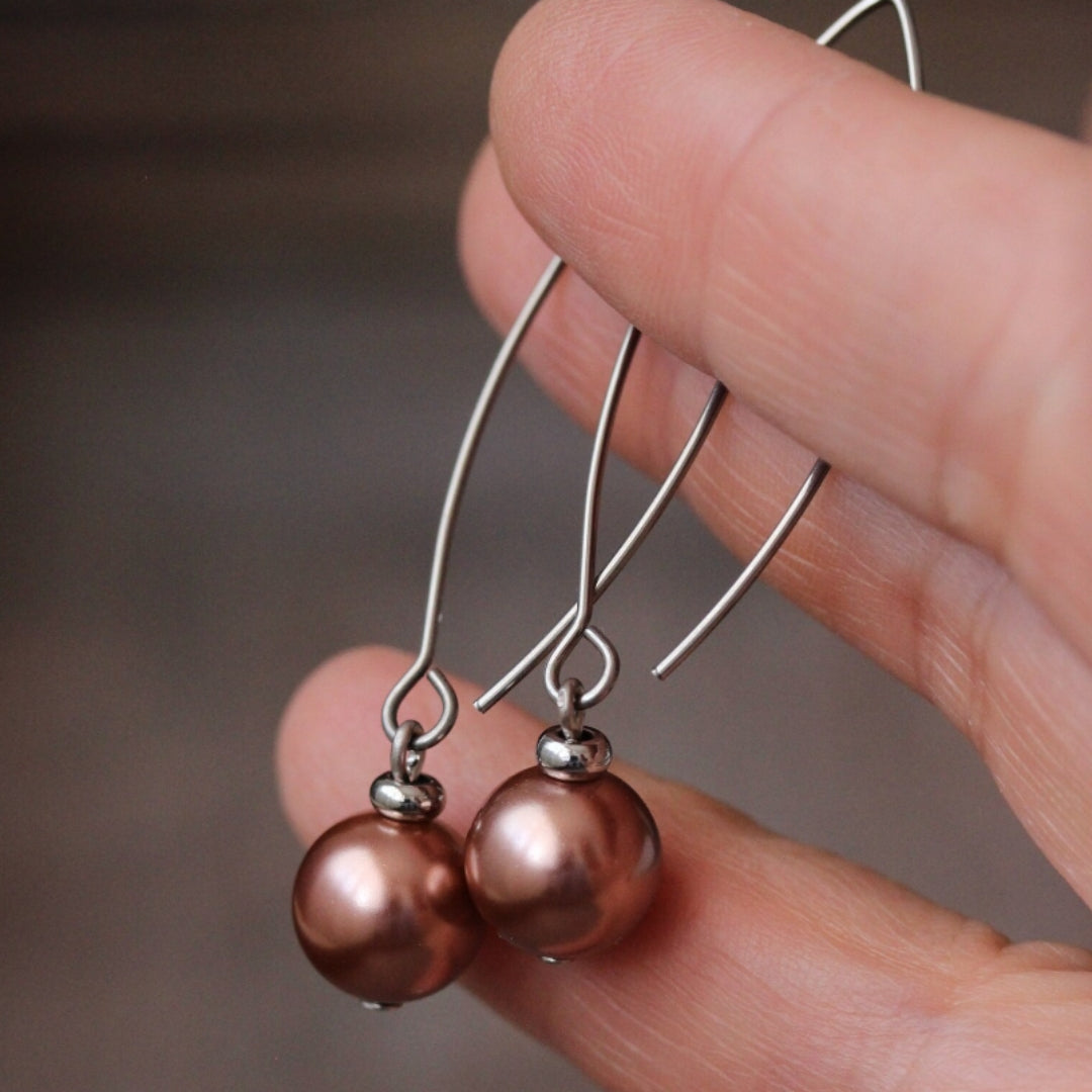 Bronze Accented Silver-Plated Dangle Earrings Adorned with Pearls
