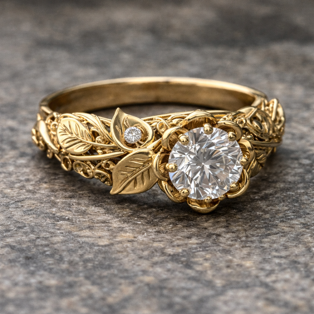 Zirconia Ring Adorned with Exquisite Golden Leaf Design