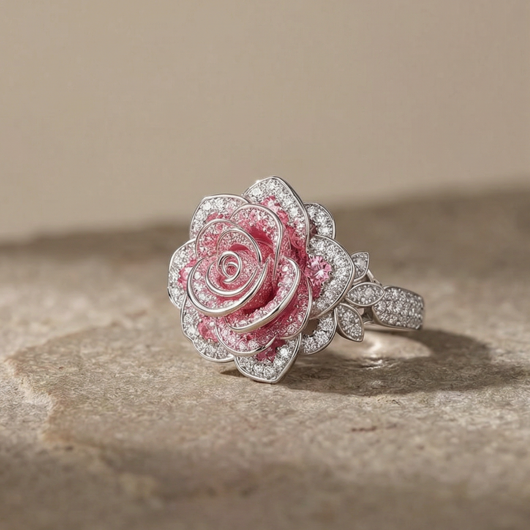 Elegant Silver-Plated Ring Adorned with Pink Floral Design